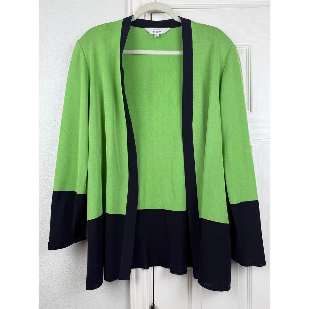Misook Lime Green Open Front Cardigan Black Trim Women's Medium